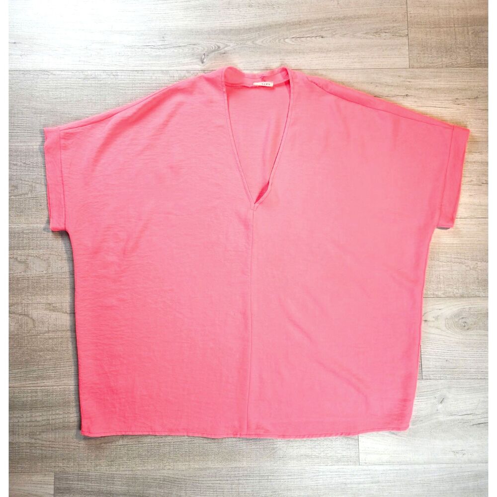 Jodifl Neon Pink Oversized Boxy Deep V-Neck Blouse Top USA Made Medium M